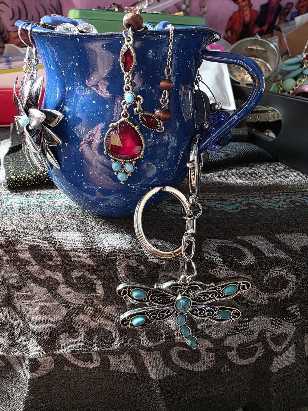 Turquoise Dragonfly Keychain with Silver-Tone Metal